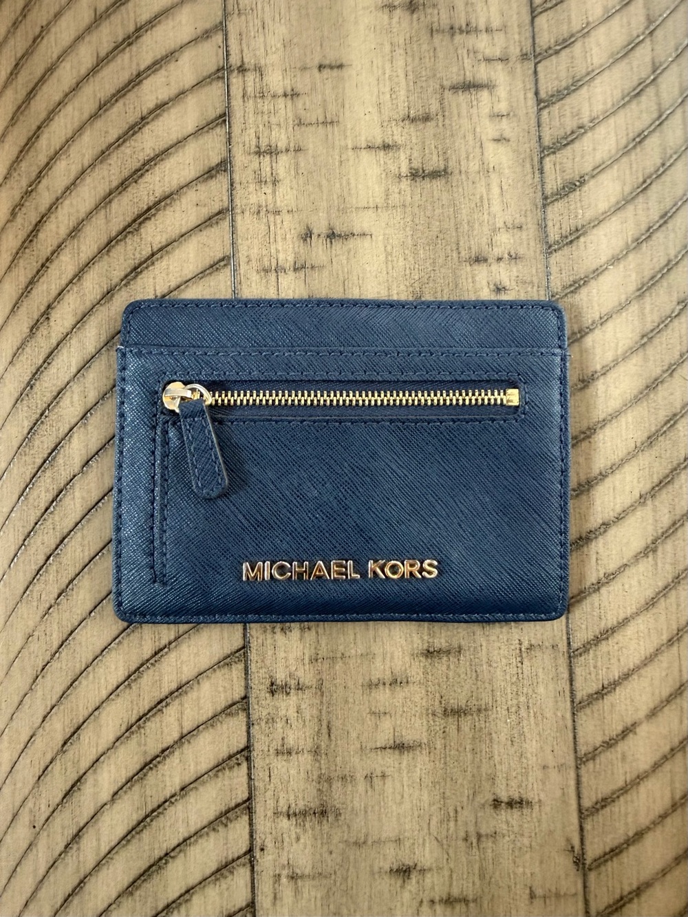 Michael Kors Navy Card Holder with Gold Zip Accent